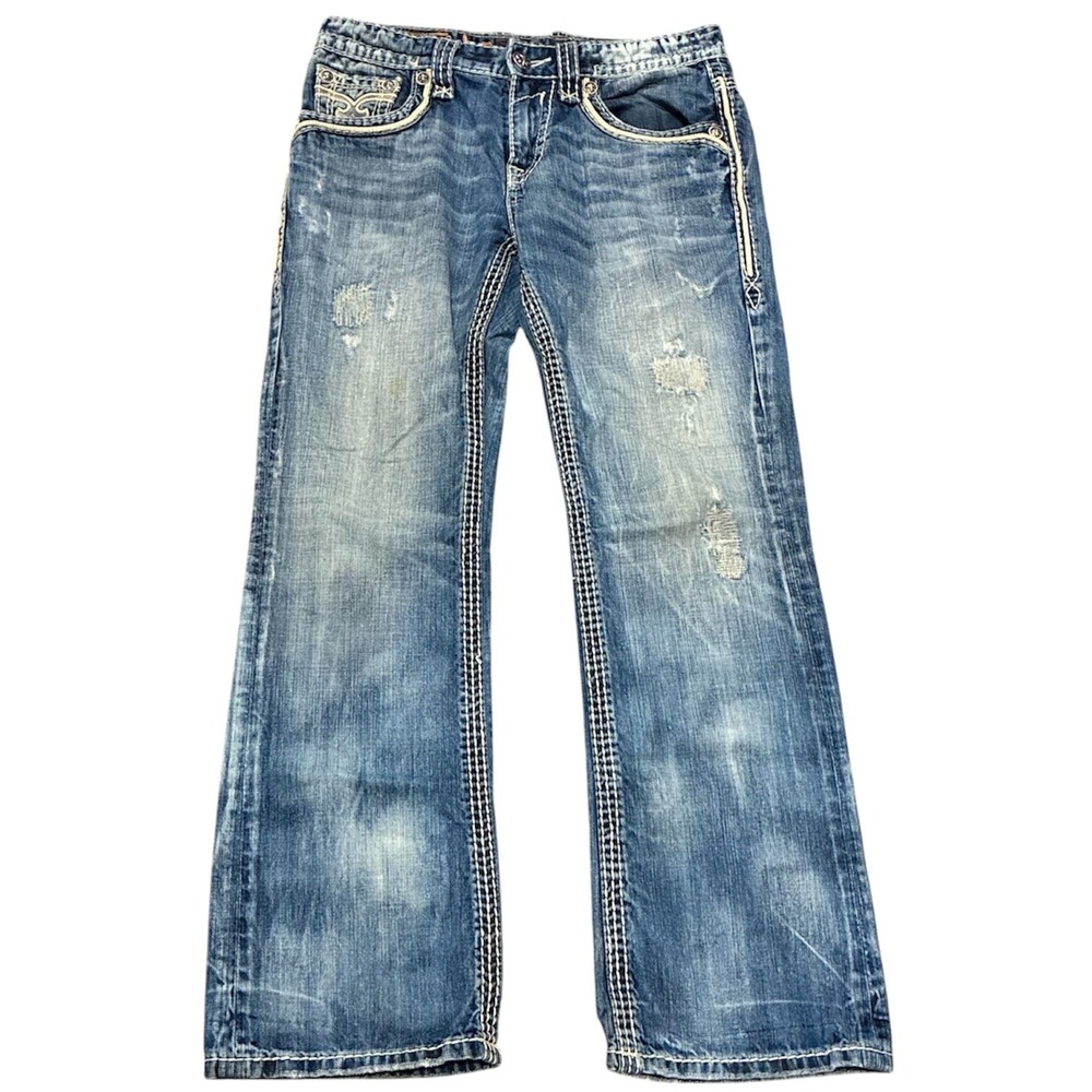 Rock Revival Kael Bootcut Jeans Mens 32x32 Distressed Blue Denim Buckle E8889B8
